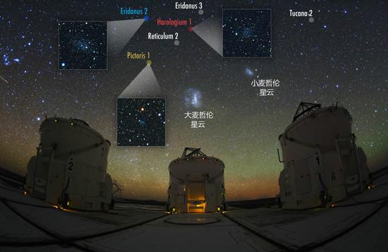 位于智利阿塔卡玛沙漠的帕瑞塔天文台(Paranal Observatory)的天文望远镜及其上空的麦哲伦星云及新发现的矮星系。